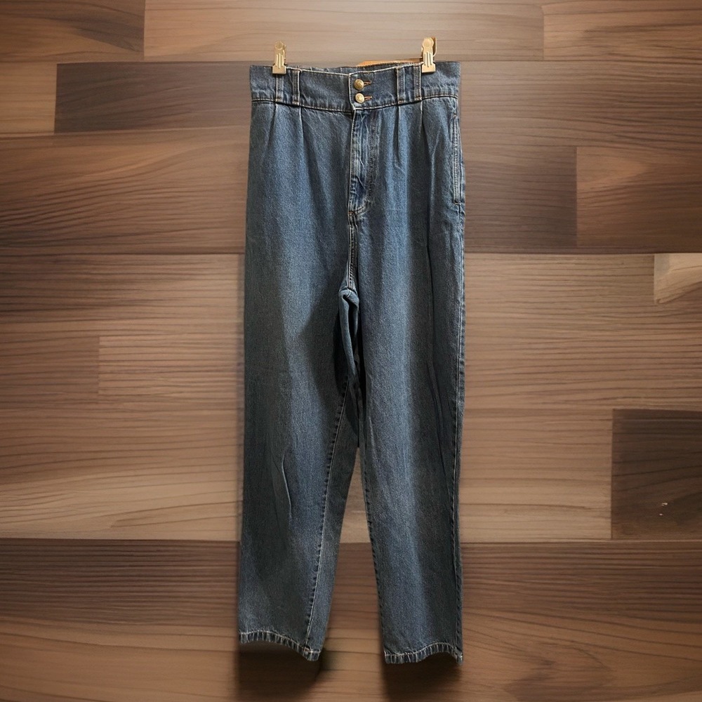 Lucy and Yak Straight Leg High Waist Denim Jeans Mid Wash Blue W30 L32 Pleated